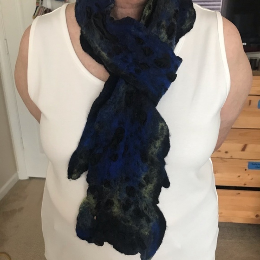 OOAK Designer Deep Blue/Green/Black Silk/Wool Scarf